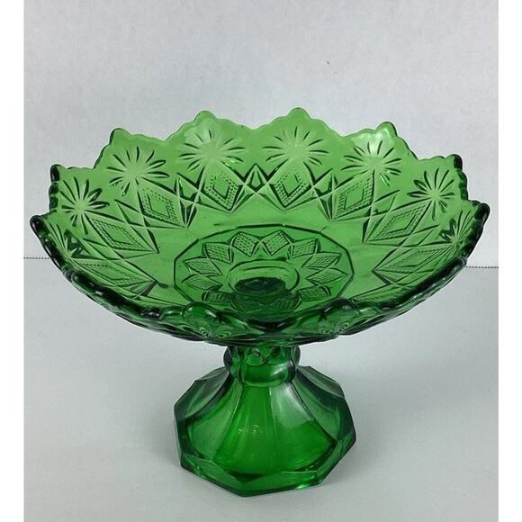 US Glass Co Green Footed Pedestal Candy Compote Dish Diamond Pattern 4173B - Picture 1 of 5